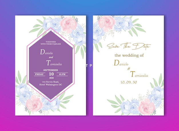 PSD plantilla de invitación de boda floral con rosas y hojas de acuarela azul marino y melocotón psd