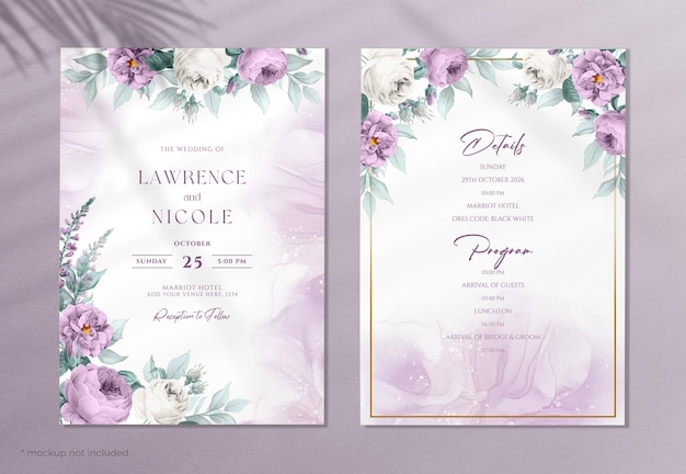 Plantilla de invitación de boda floral con tema morado