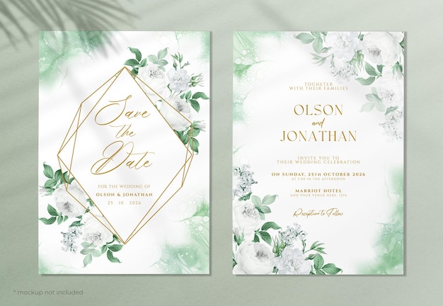 PSD plantilla de invitación de boda floral con tema verde y blanco