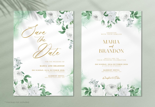 Plantilla de invitación de boda floral con tema verde y blanco