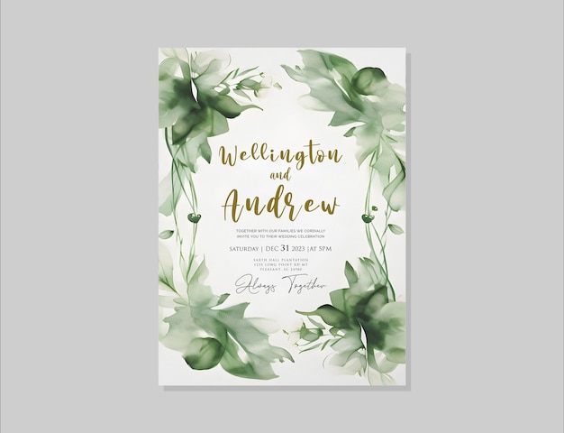 Plantilla de invitación de boda floral verde imprimible PSD