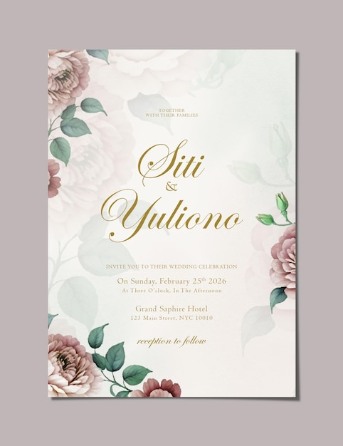 plantilla de invitación de boda con fondo de flores