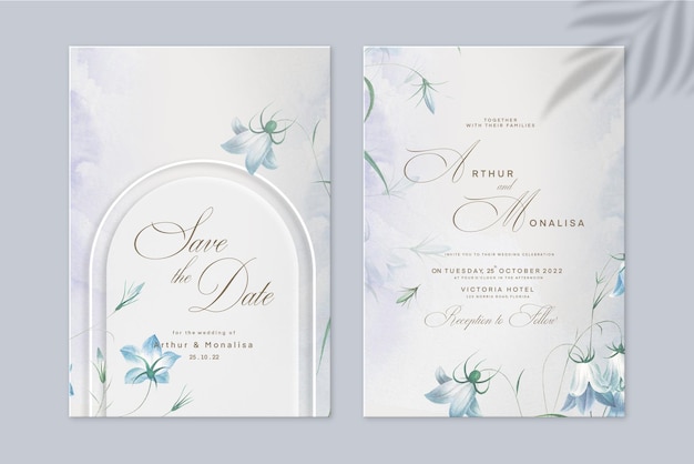 Plantilla de invitación de boda geométrica con flor azul