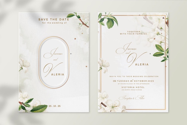 Plantilla de invitación de boda geométrica con flor blanca