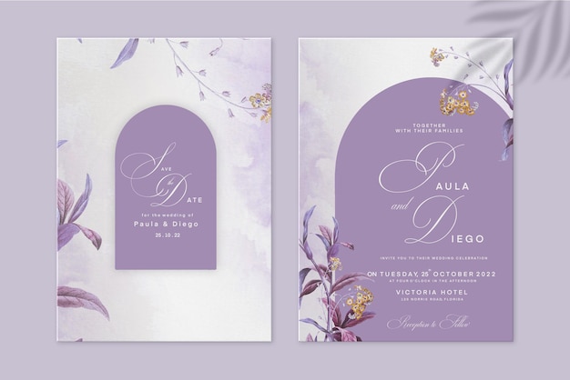 Plantilla de invitación de boda geométrica con flor morada