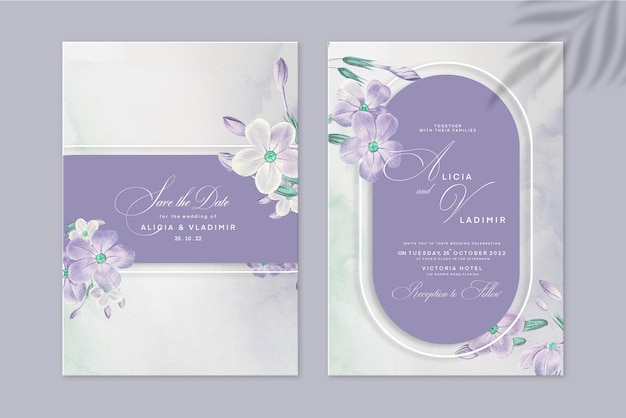 Plantilla de invitación de boda geométrica con flor morada