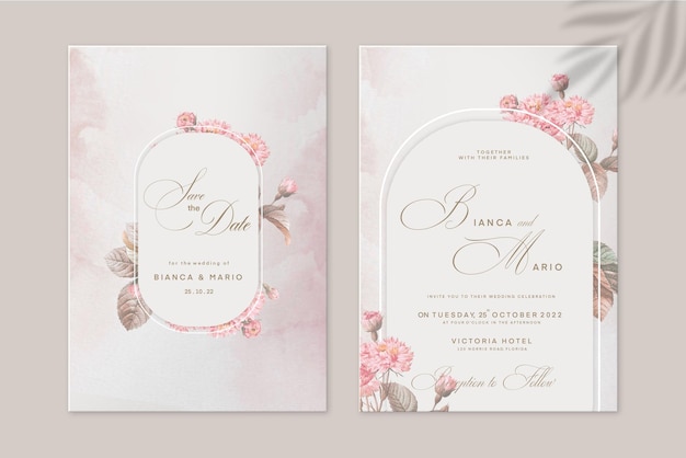 Plantilla de invitación de boda geométrica con flor rosa