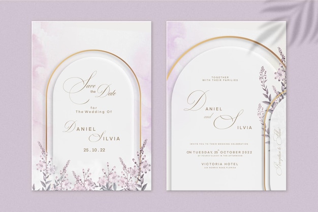 Plantilla de invitación de boda geométrica con flor rosa