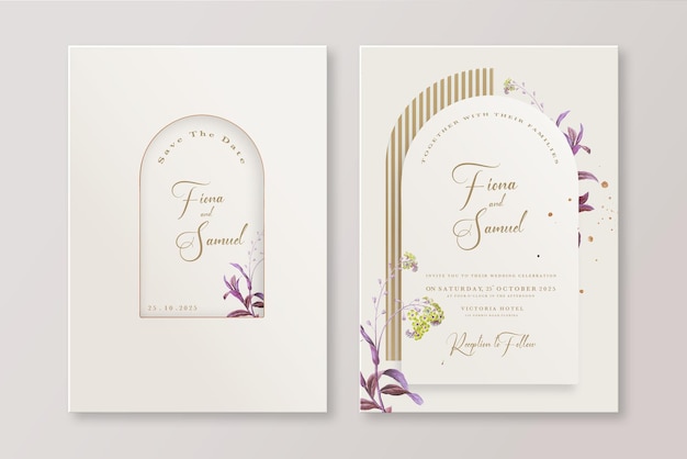 Plantilla de invitación de boda geométrica con hojas de acuarela