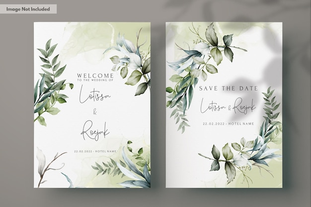 plantilla de invitación de boda con hermosas hojas de acuarela
