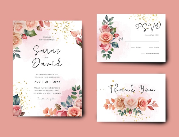 PSD plantilla de invitación de boda con hermoso ramo de rosas