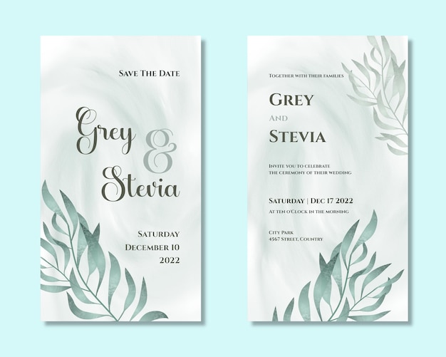 Plantilla de invitación de boda Historia de redes sociales Acuarela Marco de hoja pintado a mano