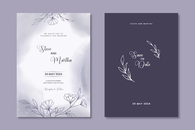 plantilla de invitación de boda con hojas y flores dibujadas a mano sobre fondo de acuarela suave