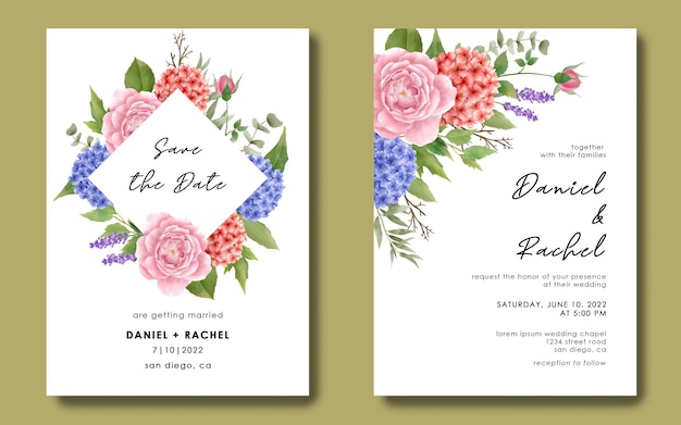 Plantilla de invitación de boda con hortensias rojas y azules