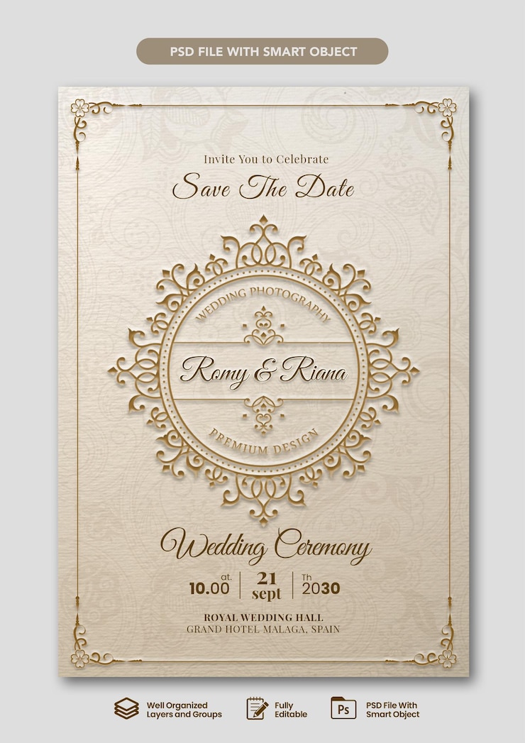 PSD plantilla invitación de boda lujosa