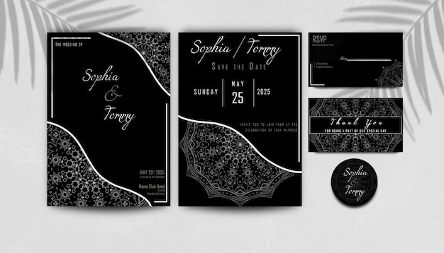 PSD plantilla de invitación de boda mandala plata abstracta