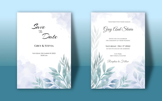 Plantilla de invitación de boda de marco floral acuarela azul romántico