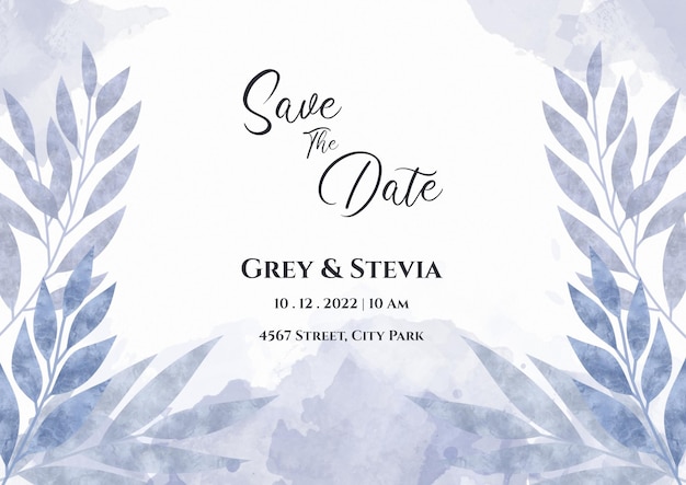 Plantilla de invitación de boda de marco floral acuarela azul romántico