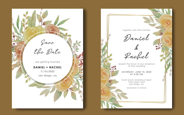 Plantilla de invitación de boda con marco geométrico y ramo de flores de acuarela