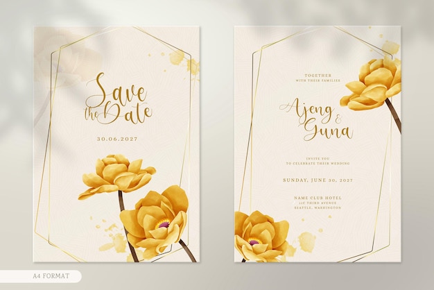 PSD plantilla de invitación de boda moderna de doble cara con adornos de acuarela de flores marrones vintage