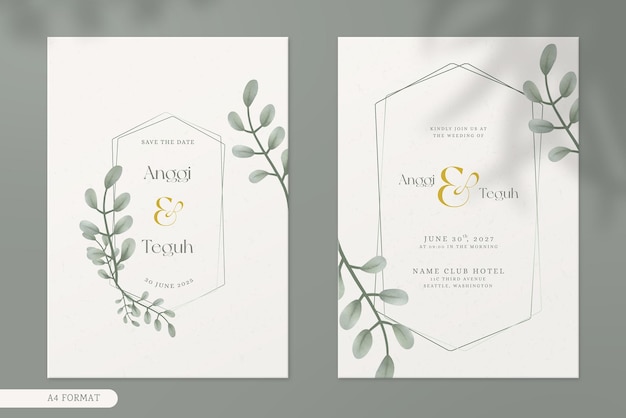 PSD plantilla de invitación de boda moderna de doble cara con adornos de acuarela de hojas vintage