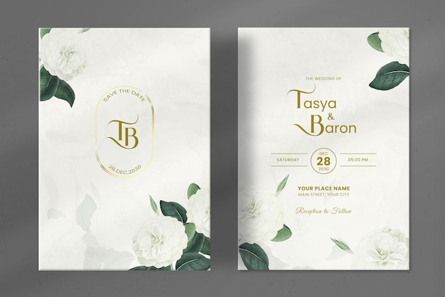 Plantilla de invitación de boda moderna con flor blanca