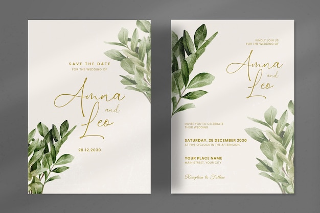 PSD plantilla de invitación de boda moderna con hojas de acuarela