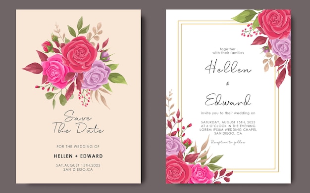 Plantilla de invitación de boda con plantilla de marco de flor rosa