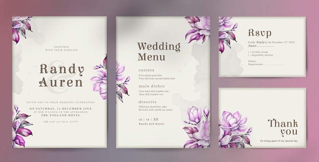 PSD plantilla de invitación de boda psd con una elegante flor púrpura en acuarela