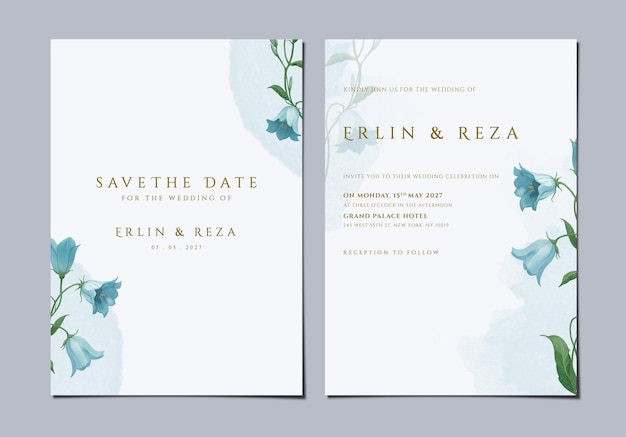 plantilla de invitación de boda psd con la flor de las campanas azules