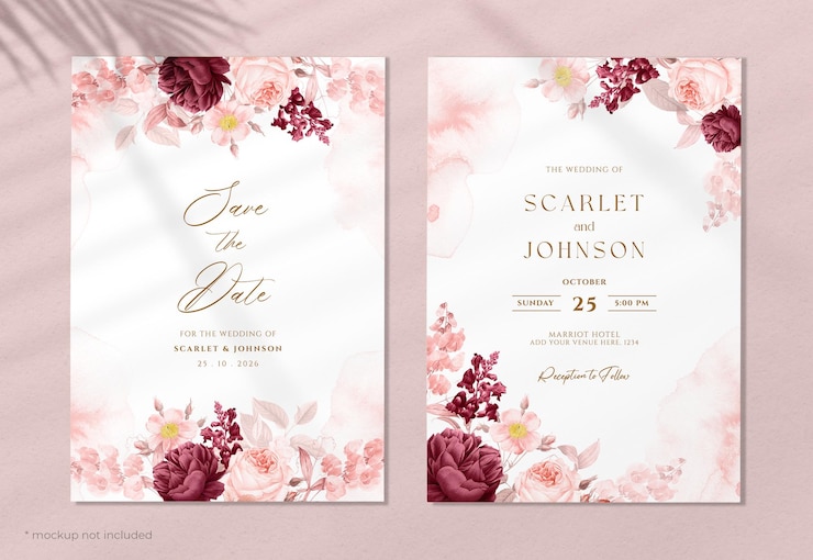 PSD plantilla de invitación de boda romántica en acuarela con flores románticas