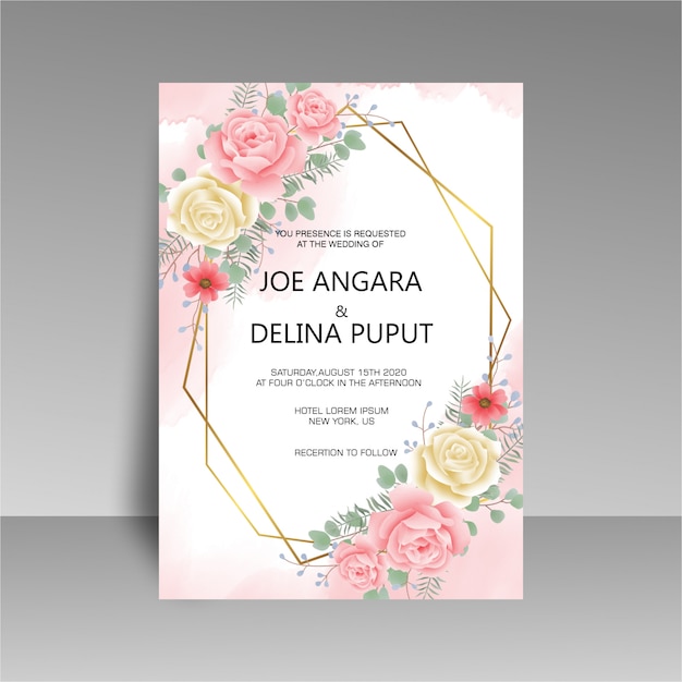 PSD plantilla de invitación de boda con rosas acuarelas