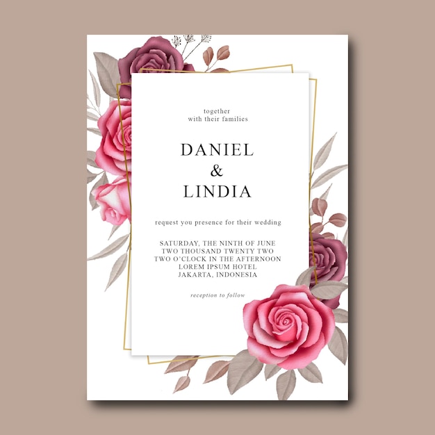 Plantilla de invitación de boda con rosas acuarelas