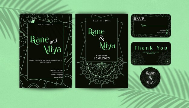 Plantilla de invitación de boda simple con concepto de mandala verde