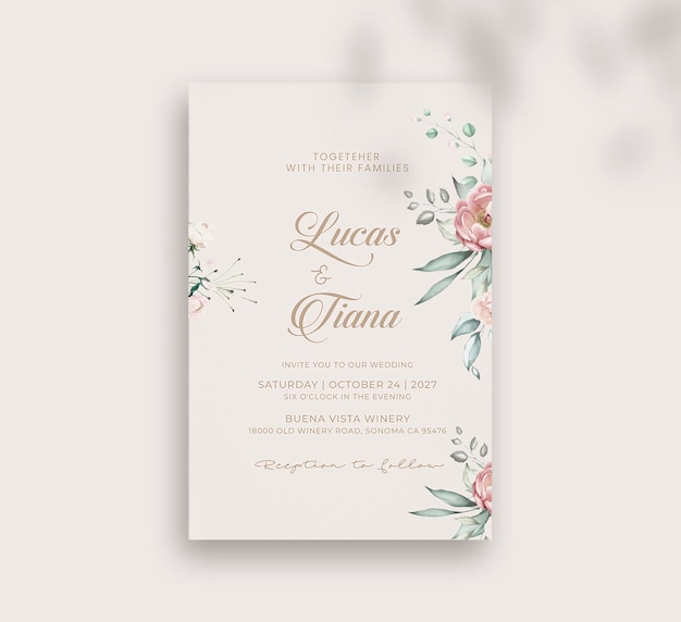 Plantilla de invitación de boda vintage con flores rosas