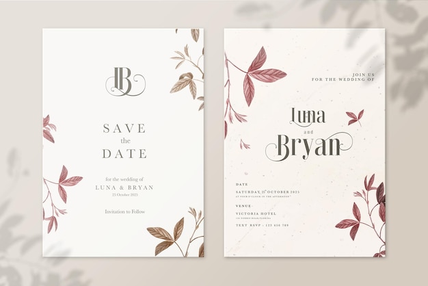 Plantilla de invitación de boda vintage con hojas rojas