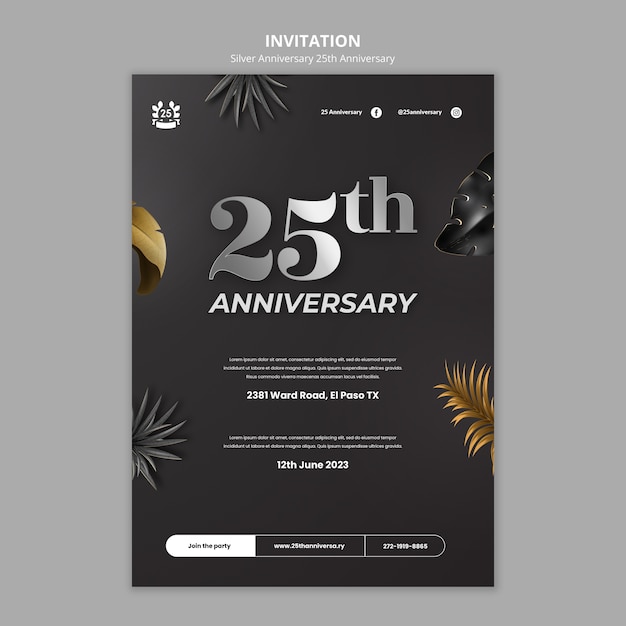 PSD plantilla de invitación de celebración de 25 aniversario