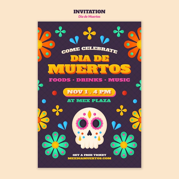 PSD plantilla de invitación de celebración de dia de muertos