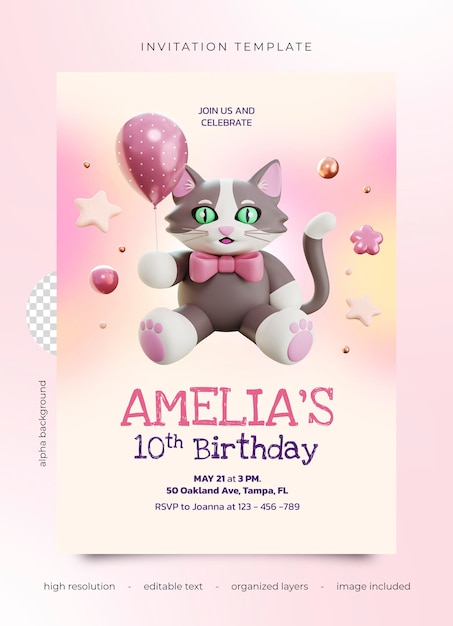 plantilla de invitación de cumpleaños de gato lindo rosa PSD 3D