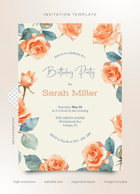 plantilla de invitación de cumpleaños PSD con flores de acuarela rosas rosas