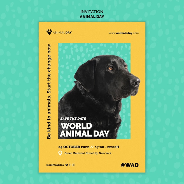 Plantilla de invitación del día mundial de los animales de diseño plano