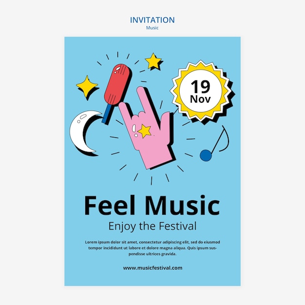 Plantilla de invitación de festival de música de diseño plano