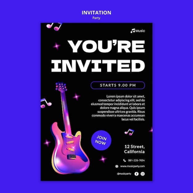 PSD plantilla de invitación para una fiesta de música