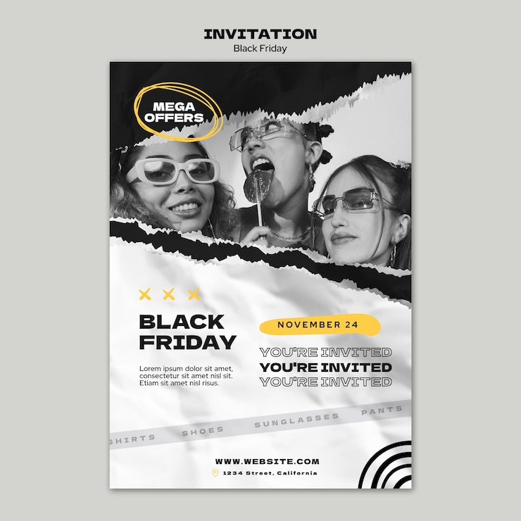 PSD plantilla de invitación para rebajas del viernes negro con textura de papel rasgado