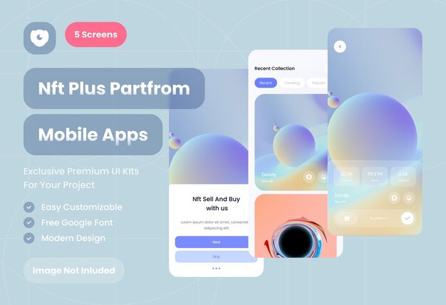 PSD plantilla de kit de aplicaciones móviles de nft