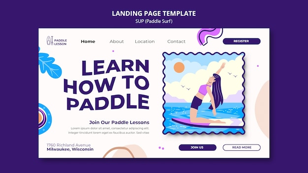 Plantilla de landing page de paddle surf con formas abstractas