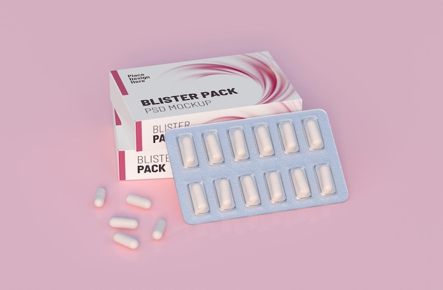Plantilla de maqueta con dos ampollas con cápsulas de pastillas blancas en cajas de embalaje 3d render