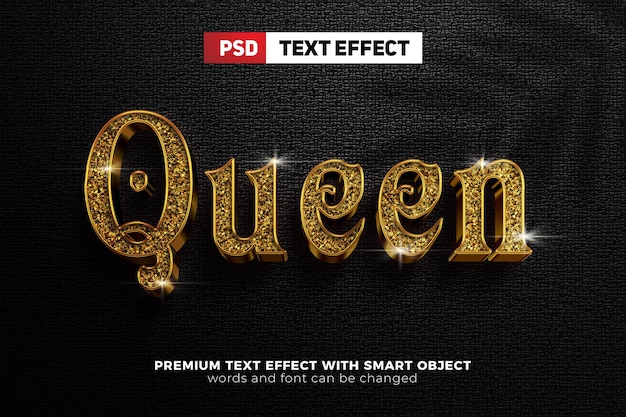 Plantilla de maqueta de efecto de texto editable 3d en negrita con brillo de lujo Queen