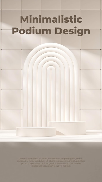 Plantilla de maqueta de renderizado 3d de podio de color blanco monocromo mínimo en retrato con arco