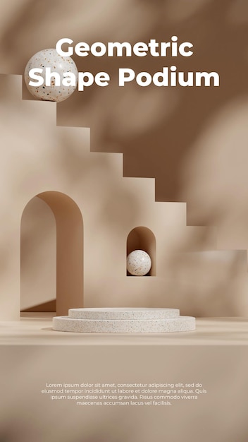 Plantilla de maqueta de renderizado 3d de podio de textura de terrazo en retrato con escaleras de arco marrón y esfera